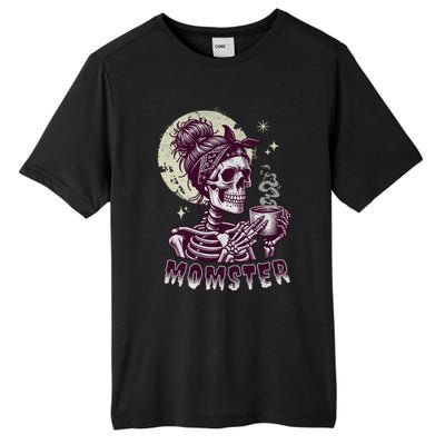 Momster Skull Mom Coffee Lover Halloween Messy Hair Bun Mama Gift Tall Fusion ChromaSoft Performance T-Shirt