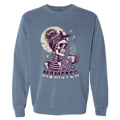 Momster Skull Mom Coffee Lover Halloween Messy Hair Bun Mama Gift Garment-Dyed Sweatshirt