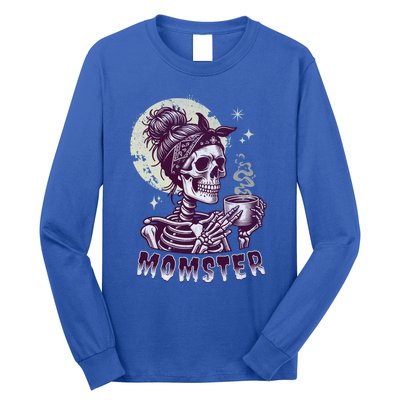 Momster Skull Mom Coffee Lover Halloween Messy Hair Bun Mama Gift Long Sleeve Shirt