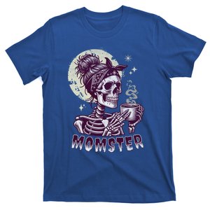 Momster Skull Mom Coffee Lover Halloween Messy Hair Bun Mama Gift T-Shirt