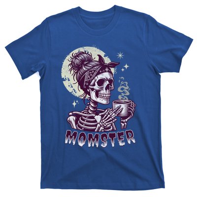 Momster Skull Mom Coffee Lover Halloween Messy Hair Bun Mama Gift T-Shirt