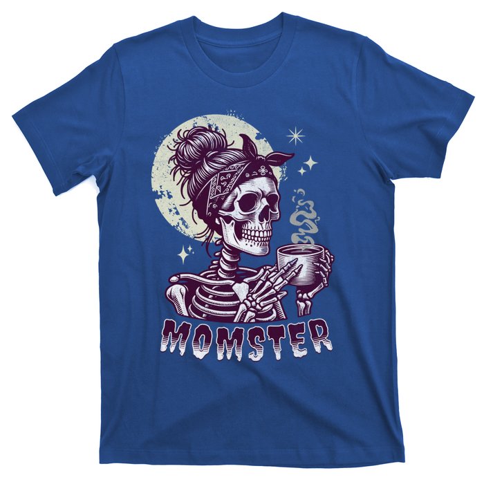 Momster Skull Mom Coffee Lover Halloween Messy Hair Bun Mama Gift T-Shirt