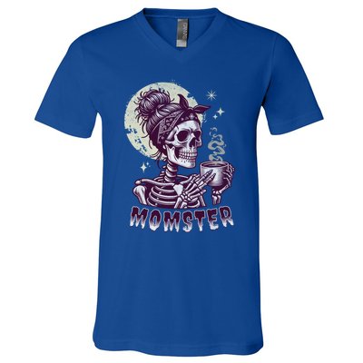 Momster Skull Mom Coffee Lover Halloween Messy Hair Bun Mama Gift V-Neck T-Shirt