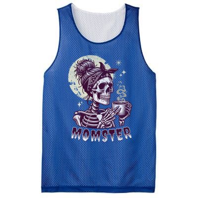 Momster Skull Mom Coffee Lover Halloween Messy Hair Bun Mama Gift Mesh Reversible Basketball Jersey Tank