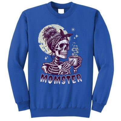 Momster Skull Mom Coffee Lover Halloween Messy Hair Bun Mama Gift Tall Sweatshirt