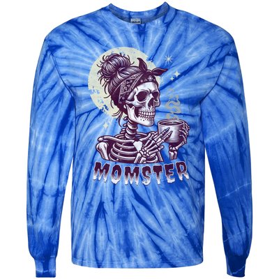 Momster Skull Mom Coffee Lover Halloween Messy Hair Bun Mama Gift Tie-Dye Long Sleeve Shirt