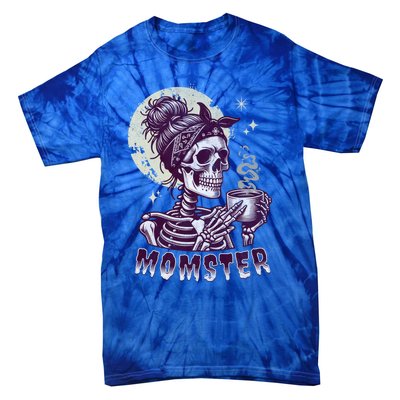 Momster Skull Mom Coffee Lover Halloween Messy Hair Bun Mama Gift Tie-Dye T-Shirt