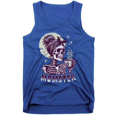 Momster Skull Mom Coffee Lover Halloween Messy Hair Bun Mama Gift Tank Top