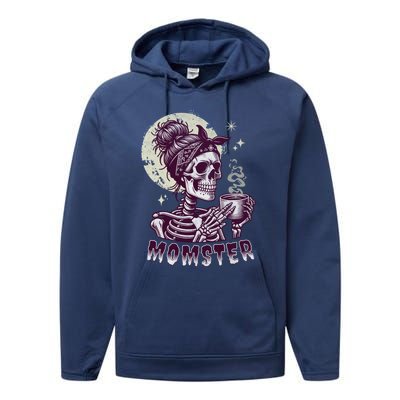 Momster Skull Mom Coffee Lover Halloween Messy Hair Bun Mama Gift Performance Fleece Hoodie