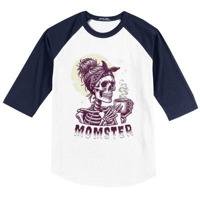 Momster Skull Mom Coffee Lover Halloween Messy Hair Bun Mama Gift Baseball Sleeve Shirt