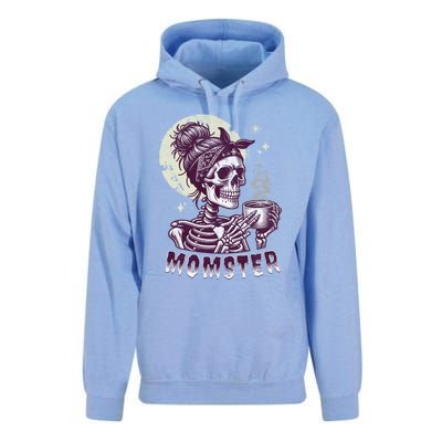 Momster Skull Mom Coffee Lover Halloween Messy Hair Bun Mama Gift Unisex Surf Hoodie