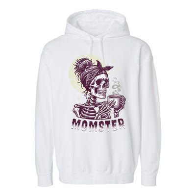 Momster Skull Mom Coffee Lover Halloween Messy Hair Bun Mama Gift Garment-Dyed Fleece Hoodie