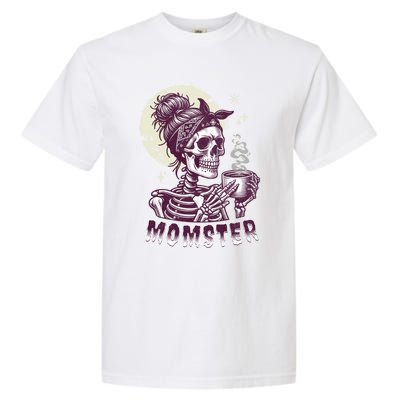 Momster Skull Mom Coffee Lover Halloween Messy Hair Bun Mama Gift Garment-Dyed Heavyweight T-Shirt