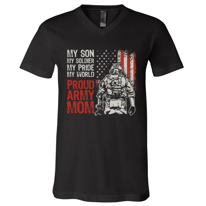 My Son My Soldier Hero Proud Army Mom US Military Mother V-Neck T-Shirt