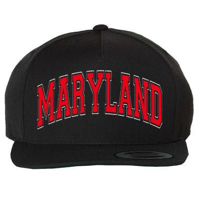 Maryland State Md Red Text Wool Snapback Cap