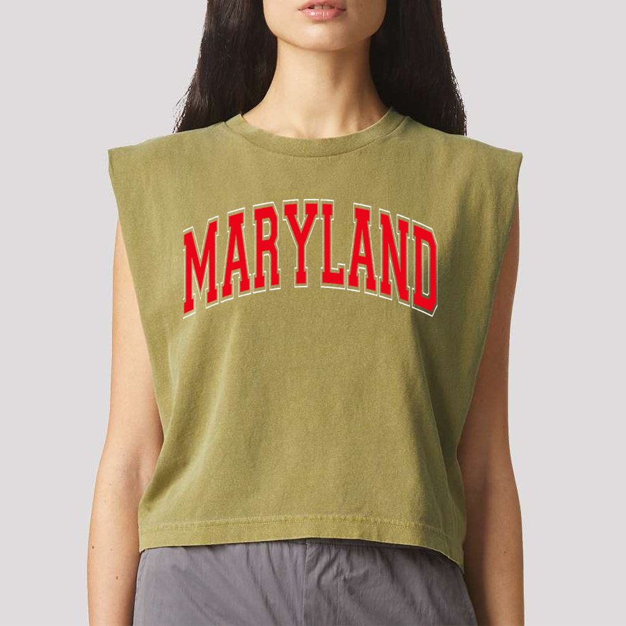 Maryland State Md Red Text Garment-Dyed Women's Muscle Tee