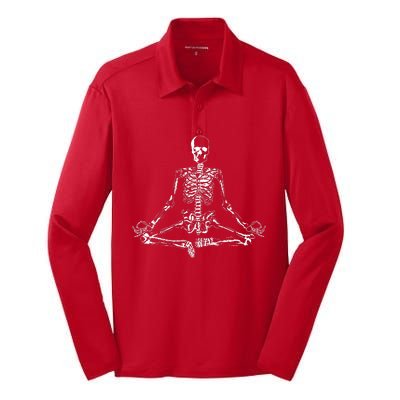 Meditating Skeleton Silk Touch Performance Long Sleeve Polo