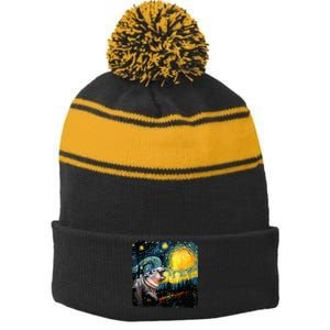 Moodeng Starry Night Van Gogh Funny Moodeng Meme Stripe Pom Pom Beanie