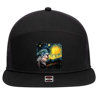 Moodeng Starry Night Van Gogh Funny Moodeng Meme 7 Panel Mesh Trucker Snapback Hat