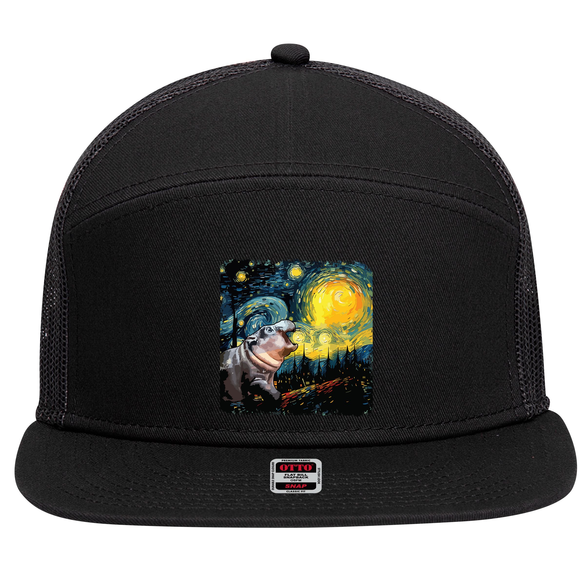 Moodeng Starry Night Van Gogh Funny Moodeng Meme 7 Panel Mesh Trucker Snapback Hat