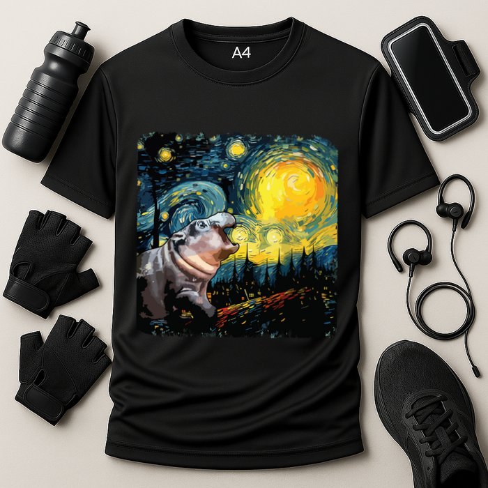 Moodeng Starry Night Van Gogh Funny Moodeng Meme Cooling Performance Crew T-Shirt