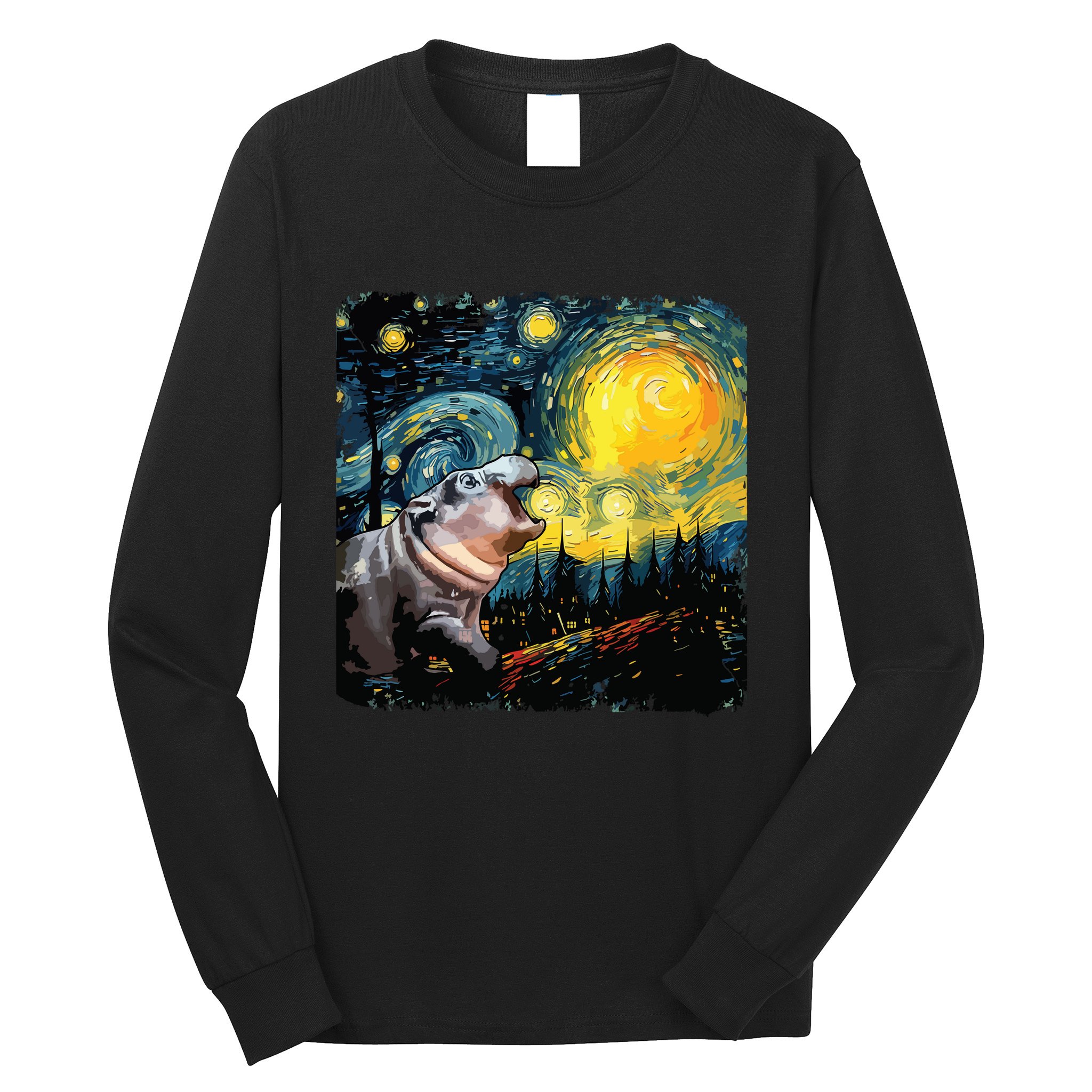 Moodeng Starry Night Van Gogh Funny Moodeng Meme Long Sleeve Shirt