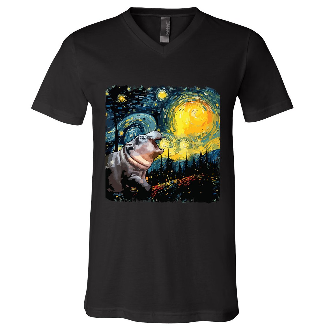Moodeng Starry Night Van Gogh Funny Moodeng Meme V-Neck T-Shirt