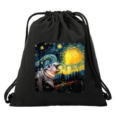 Moodeng Starry Night Van Gogh Funny Moodeng Meme Drawstring Bag