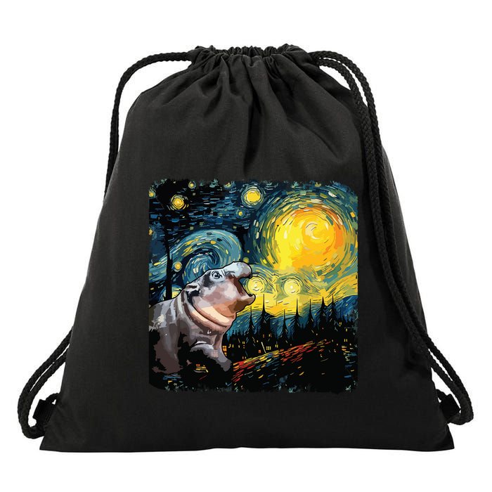 Moodeng Starry Night Van Gogh Funny Moodeng Meme Drawstring Bag