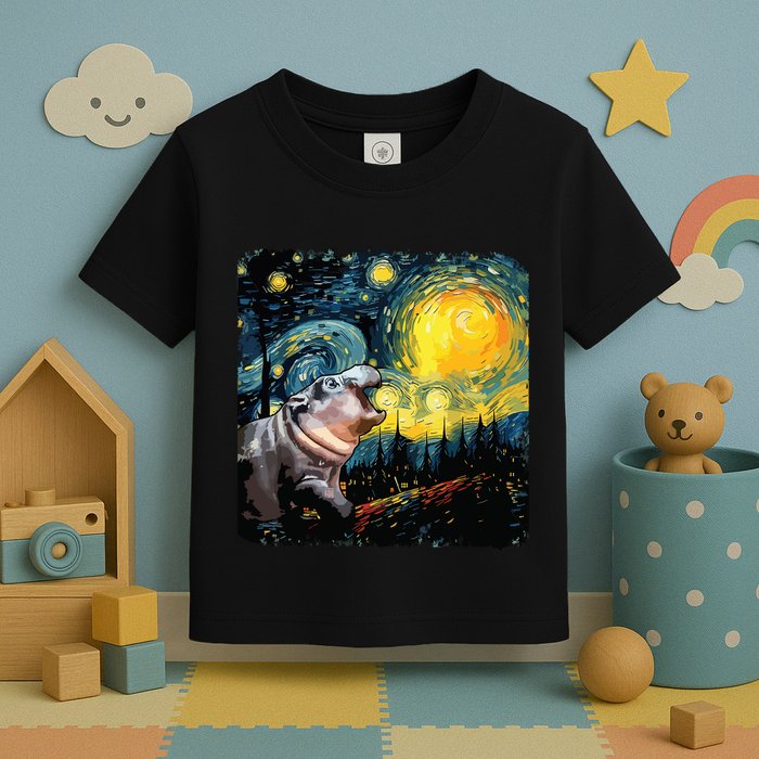 Moodeng Starry Night Van Gogh Funny Moodeng Meme Toddler T-Shirt