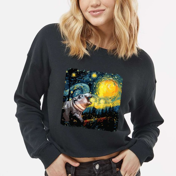 Moodeng Starry Night Van Gogh Funny Moodeng Meme Cropped Pullover Crew