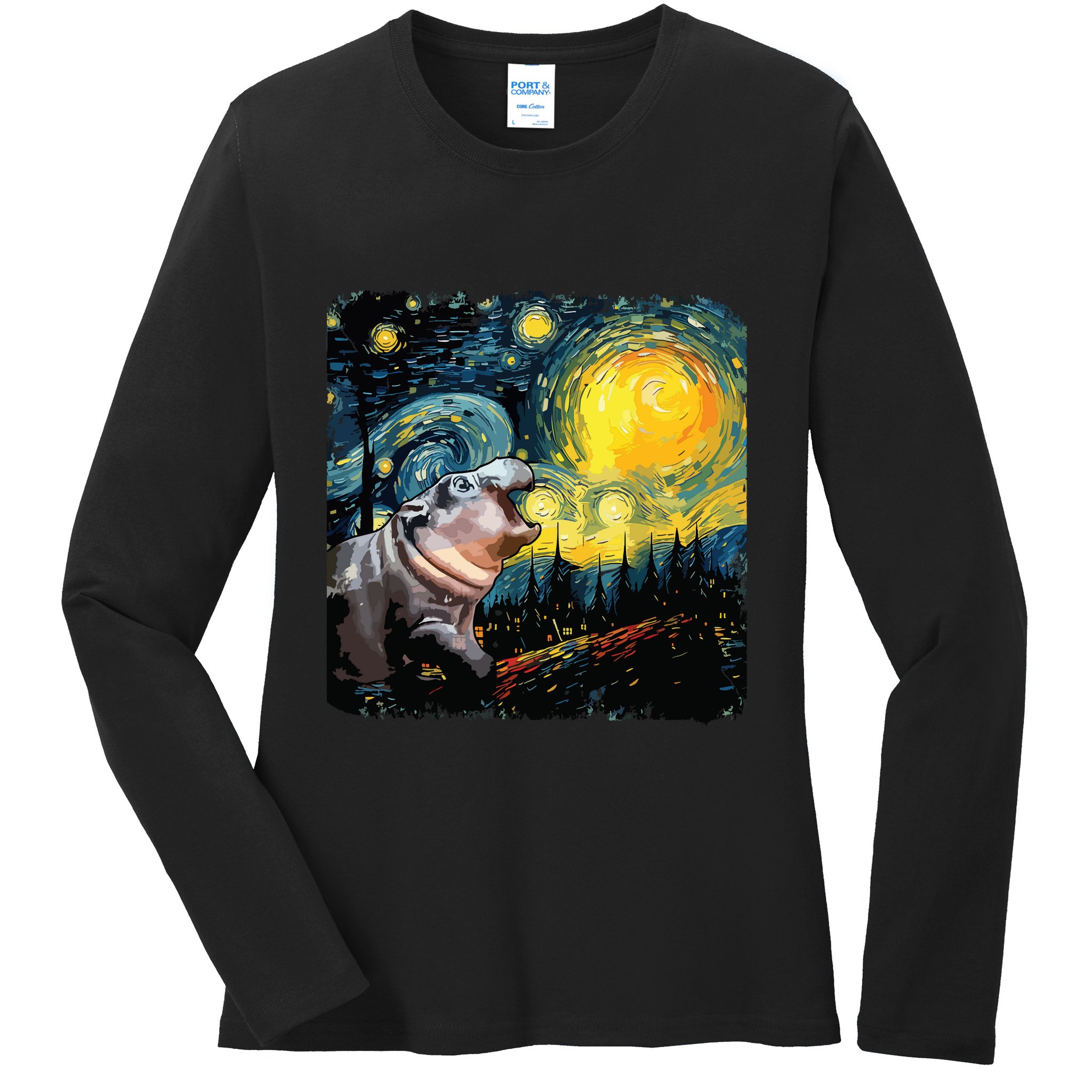 Moodeng Starry Night Van Gogh Funny Moodeng Meme Ladies Long Sleeve Shirt