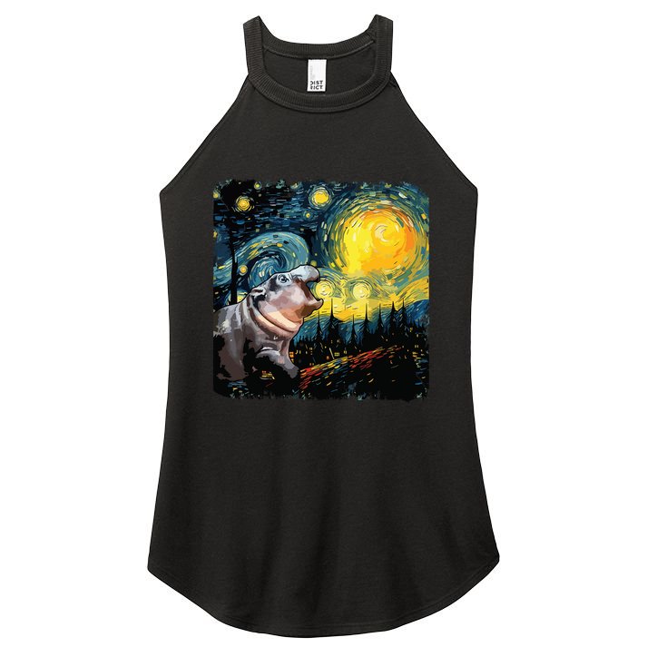 Moodeng Starry Night Van Gogh Funny Moodeng Meme Women's Perfect Tri Rocker Tank