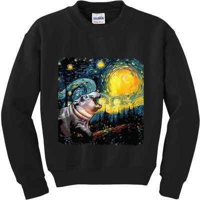 Moodeng Starry Night Van Gogh Funny Moodeng Meme Kids Sweatshirt