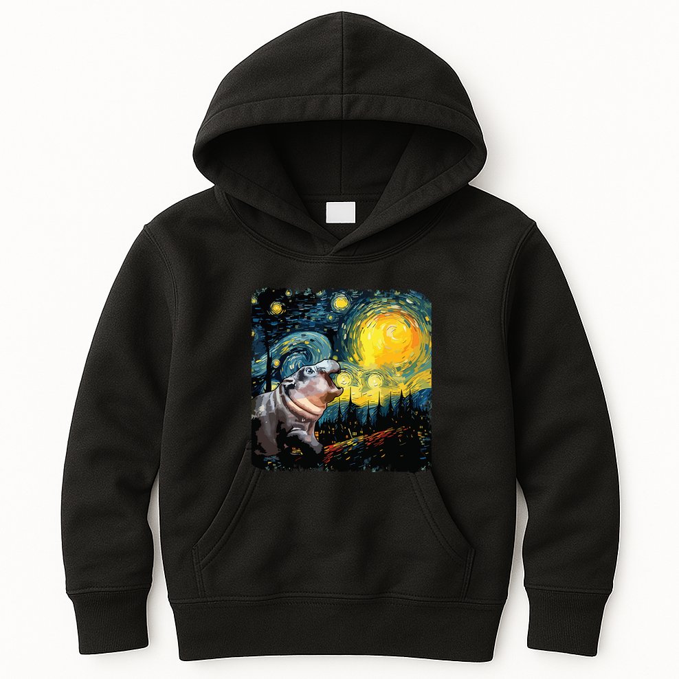 Moodeng Starry Night Van Gogh Funny Moodeng Meme Kids Hoodie