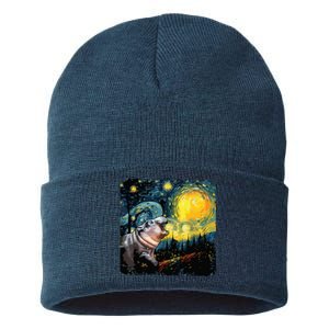 Moodeng Starry Night Van Gogh Funny Moodeng Meme Sustainable Knit Beanie