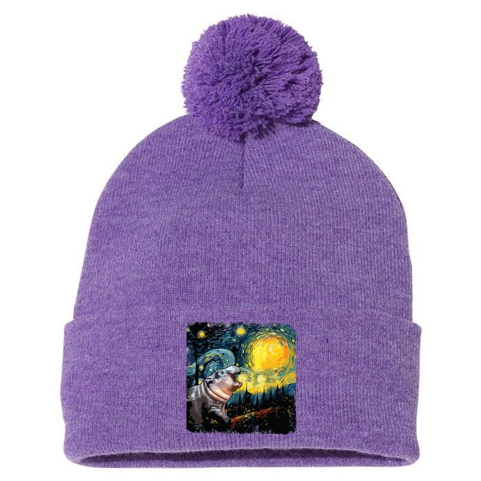 Moodeng Starry Night Van Gogh Funny Moodeng Meme Pom Pom 12in Knit Beanie