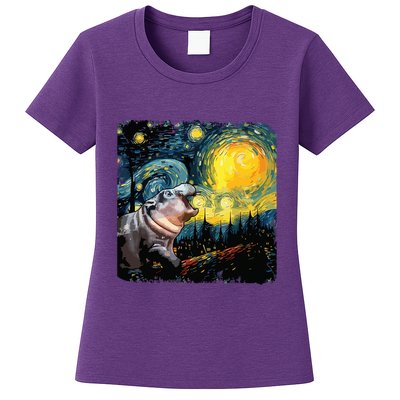 Moodeng Starry Night Van Gogh Funny Moodeng Meme Womens T-Shirt