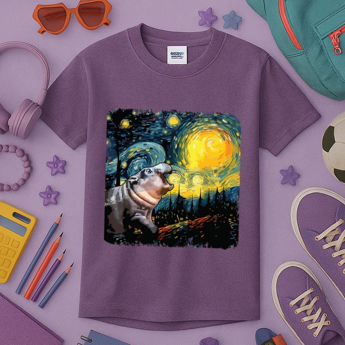 Moodeng Starry Night Van Gogh Funny Moodeng Meme Kids T-Shirt