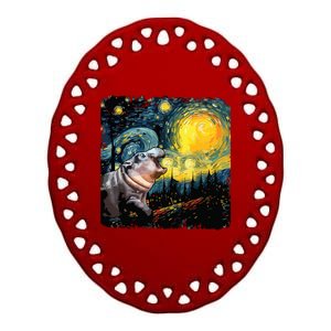 Moodeng Starry Night Van Gogh Funny Moodeng Meme Ceramic Oval Ornament