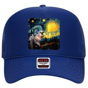 Moodeng Starry Night Van Gogh Funny Moodeng Meme High Crown Mesh Back Trucker Hat