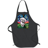 Maltipoo Starry Night White Maltese Poodle Dog Art by Aja Full-Length Apron With Pockets