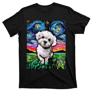 Maltipoo Starry Night White Maltese Poodle Dog Art by Aja T-Shirt