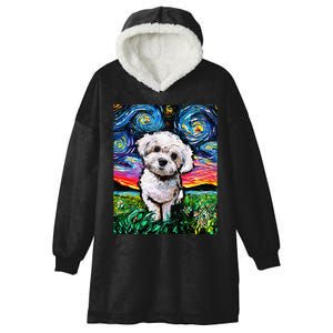 Maltipoo Starry Night White Maltese Poodle Dog Art by Aja Hooded Wearable Blanket