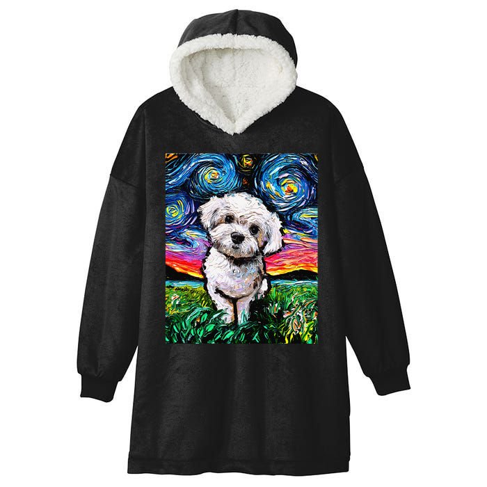 Maltipoo Starry Night White Maltese Poodle Dog Art by Aja Hooded Wearable Blanket