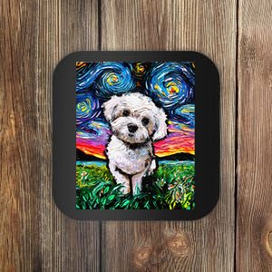 Maltipoo Starry Night White Maltese Poodle Dog Art by Aja Coaster