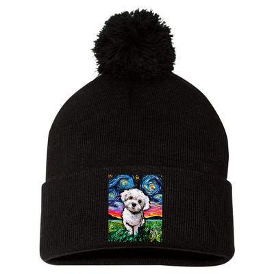 Maltipoo Starry Night White Maltese Poodle Dog Art by Aja Pom Pom 12in Knit Beanie