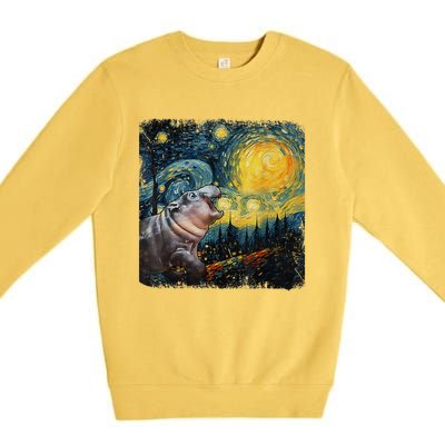 Moodeng Starry Night Van Gogh Funny Moodeng Meme Gift Premium Crewneck Sweatshirt