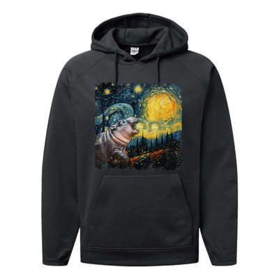 Moodeng Starry Night Van Gogh Funny Moodeng Meme Gift Performance Fleece Hoodie