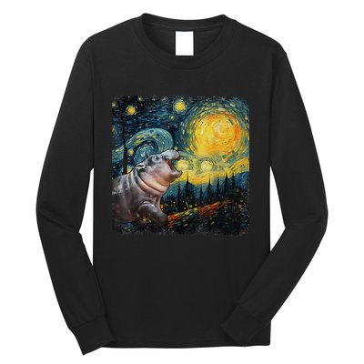 Moodeng Starry Night Van Gogh Funny Moodeng Meme Gift Long Sleeve Shirt